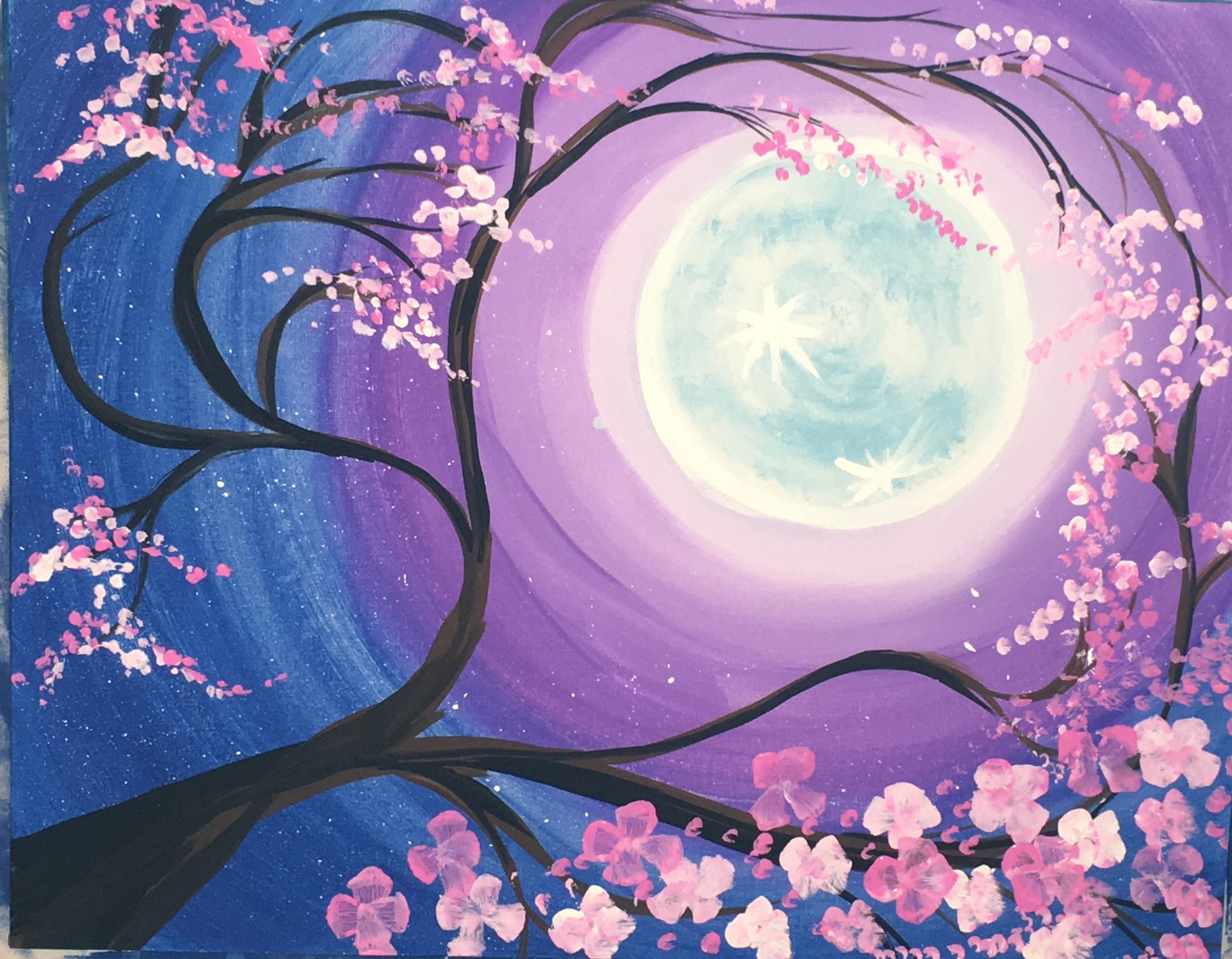 How To Paint A Cherry Blossom Tree With Moon - Step By ...