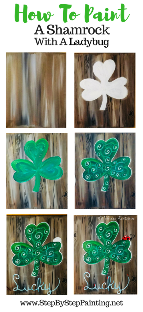Beginners will learn how to paint a shamrock on a dark faux wood background, a ladybug and lucky letters. Step by step canvas painting for beginners. 