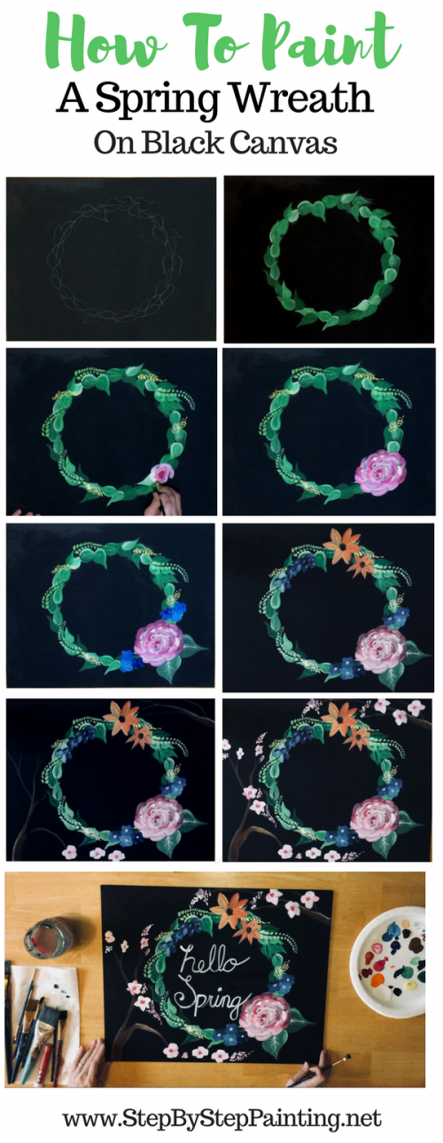 Beginners can learn how to paint a Spring wreath on a black canvas. Green leaves, a rose, cherry blossom branches, blue and orange flowers. These beginning acrylic painting tutorials are easy to follow!