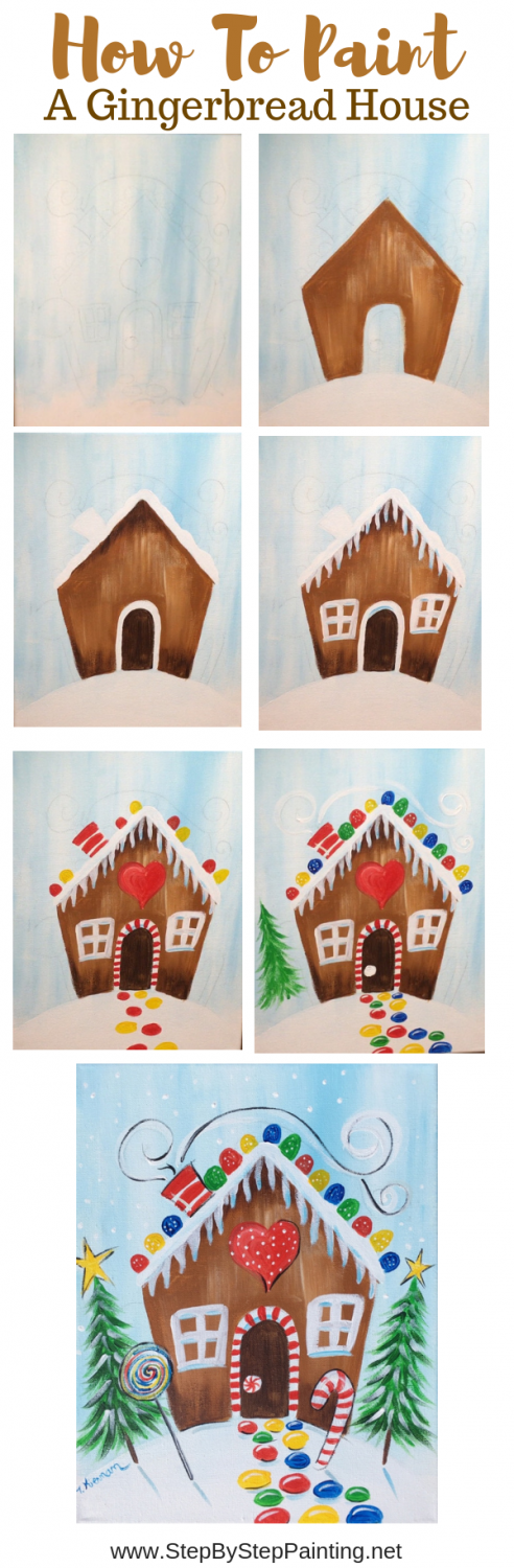 Step by step painting with Tracie Kiernan, How to paint a gingerbread house on canvas, christmas painting ideas on canvas