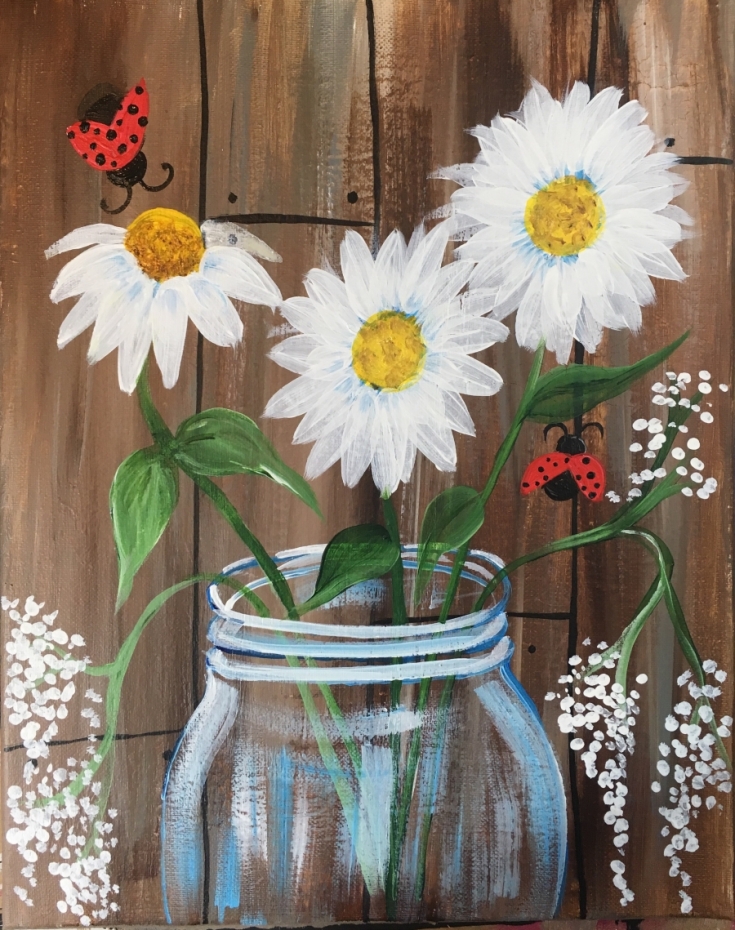 Daisy Painting With Rustic Wood Background