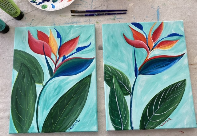 Two Bird of Paradise Paintings side by side