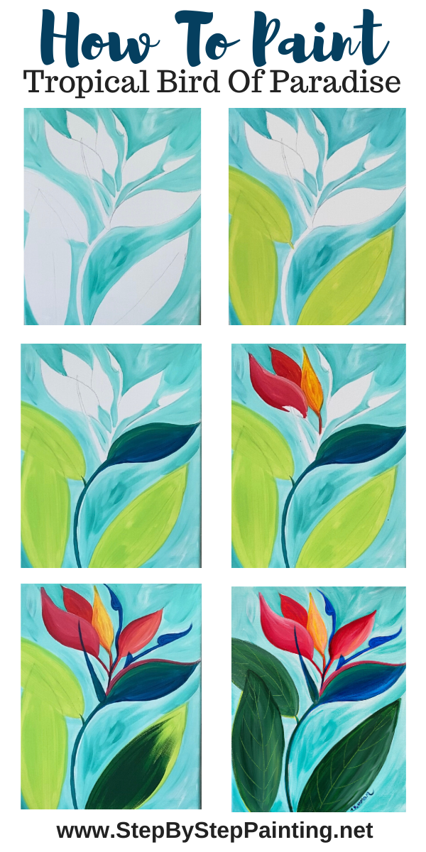 Process graphic of the evolution of the bird of paradise painting 
