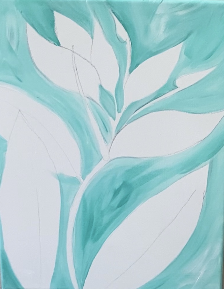 Background of the bird of paradise painting is painted aqua and white