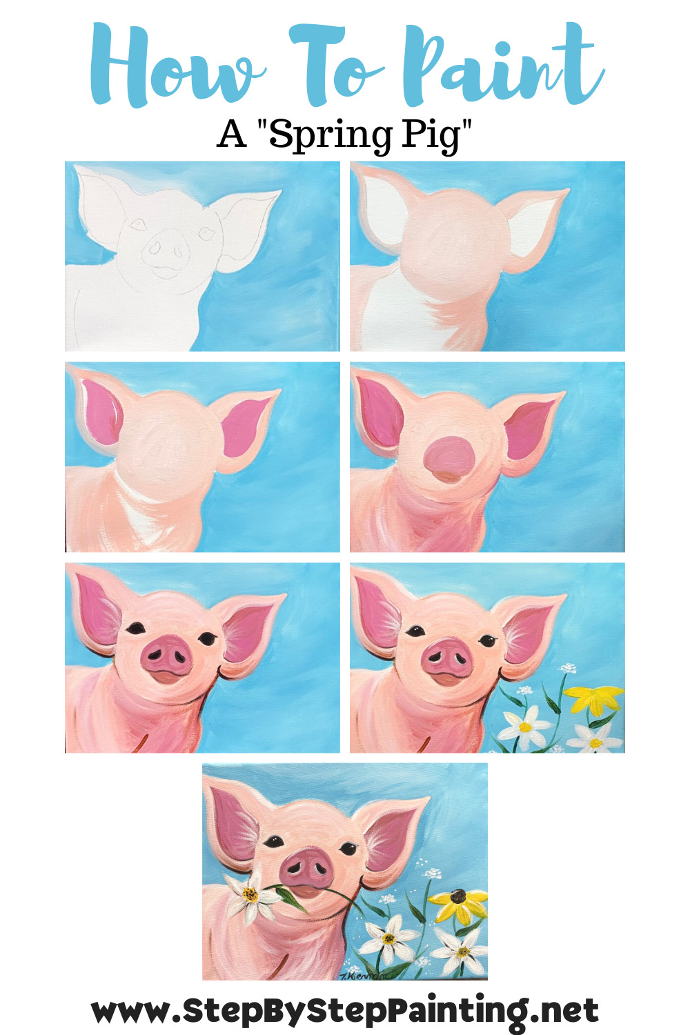 Step by step instructions for how to create a spring pig painting with acrylics. 