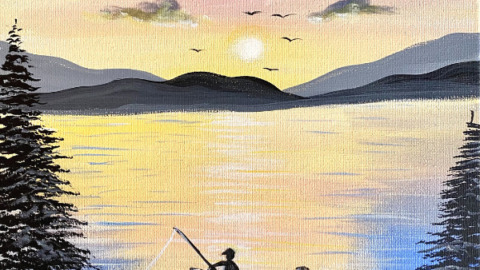 Fishing Painting - With Sunset On Lake - Beginner Tutorial