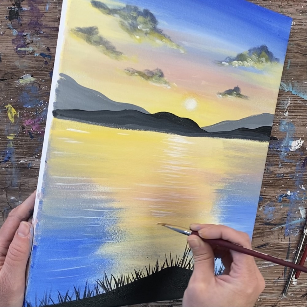 fishing painting with sunset