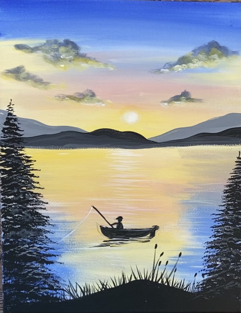 fishing painting with sunset