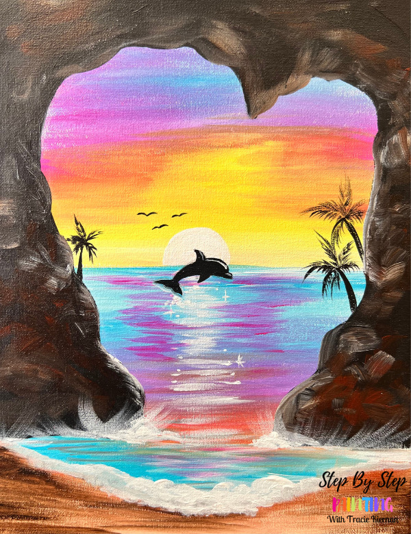 sunset ocean painting, dolphin painting
