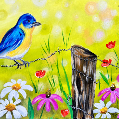 How To Paint “Rustic Blue Bird Wildflowers”