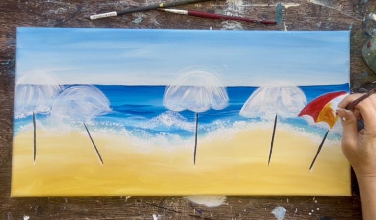How To Paint "Seaside Parade" - Colorful Umbrellas Lined Up On A Beach ...