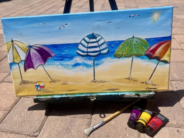 How To Paint "Seaside Parade" - Colorful Umbrellas Lined Up On A Beach ...